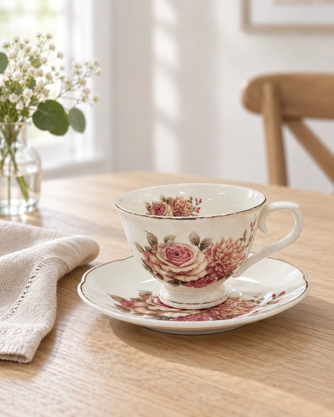 Porcelain cup and saucer with a floral pattern and gold-coloured rims in a bright interior