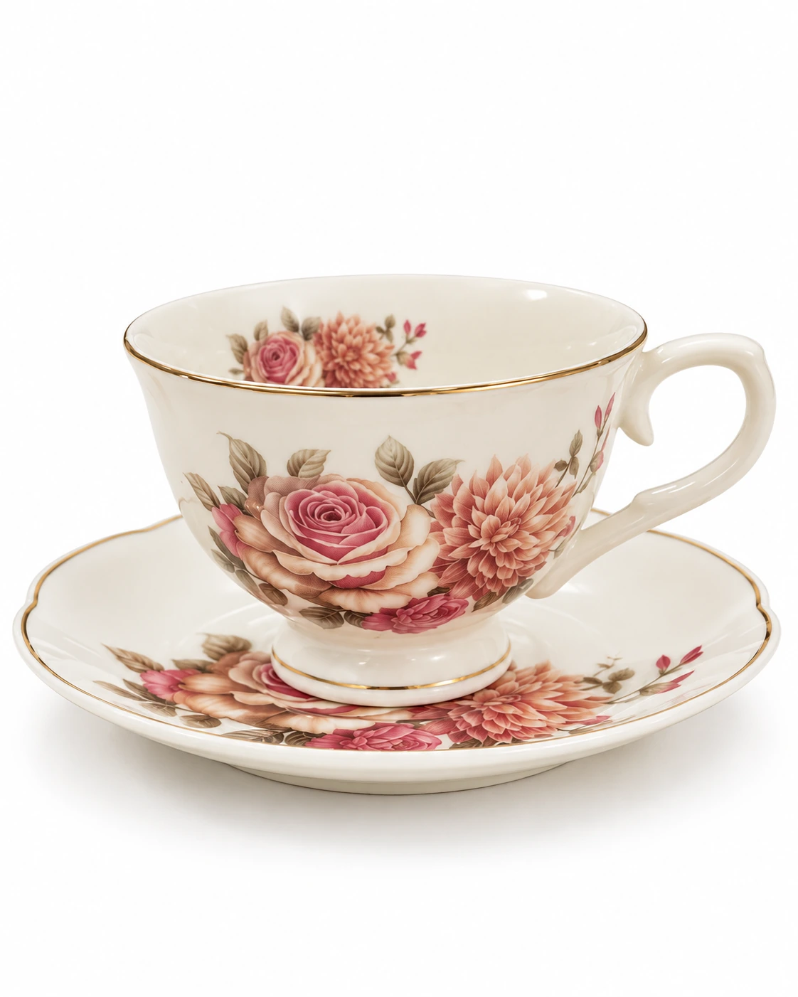 Porcelain cup and saucer with a floral pattern and gold-coloured rims