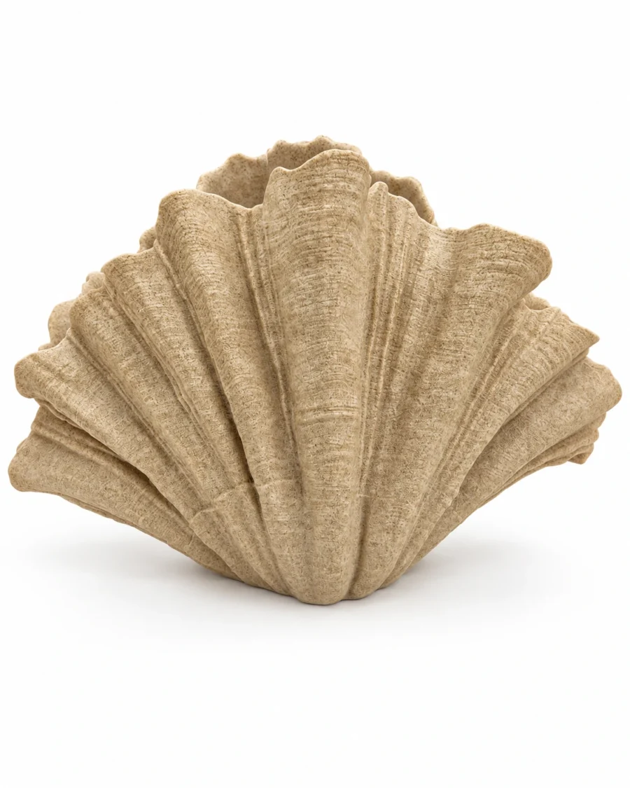 Sand-coloured polyresin vase with a fan-shaped silhouette