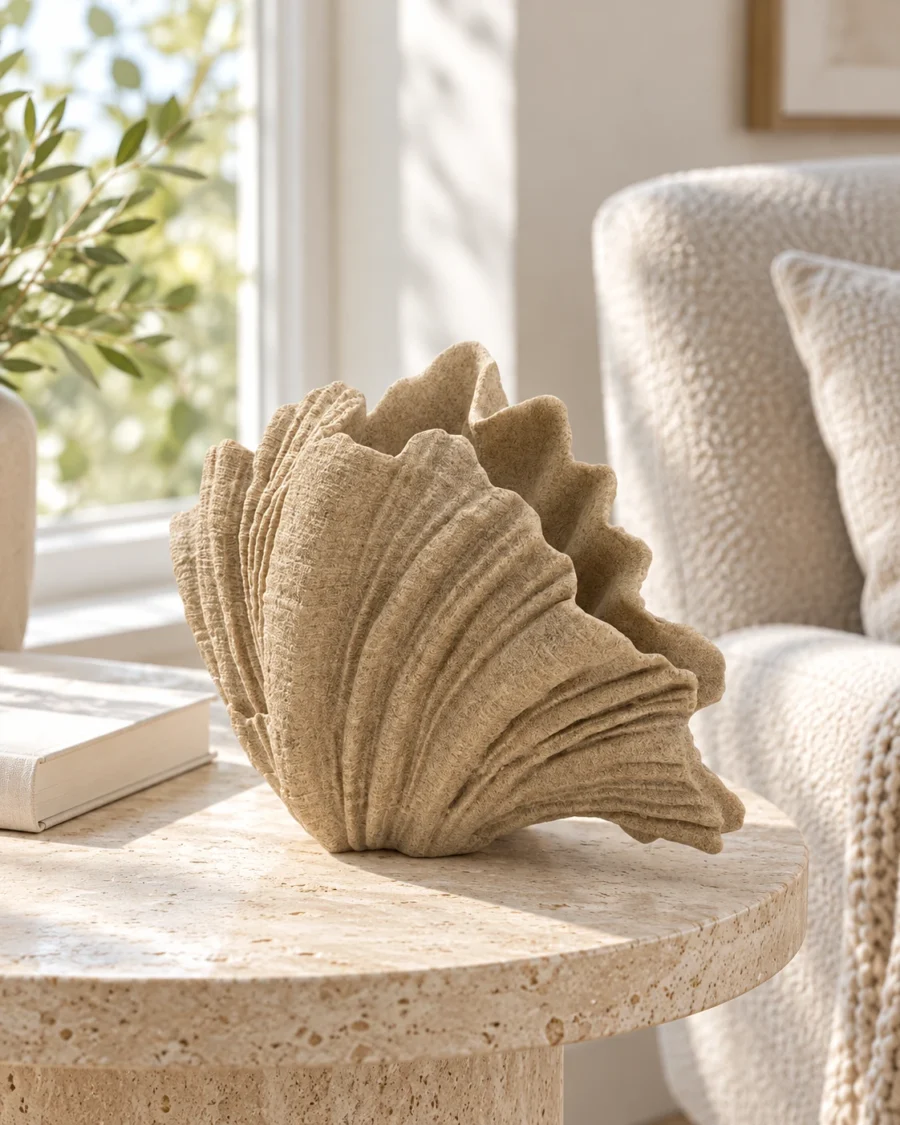 Sand-coloured polyresin vase with a fan-shaped silhouette in a bright interior
