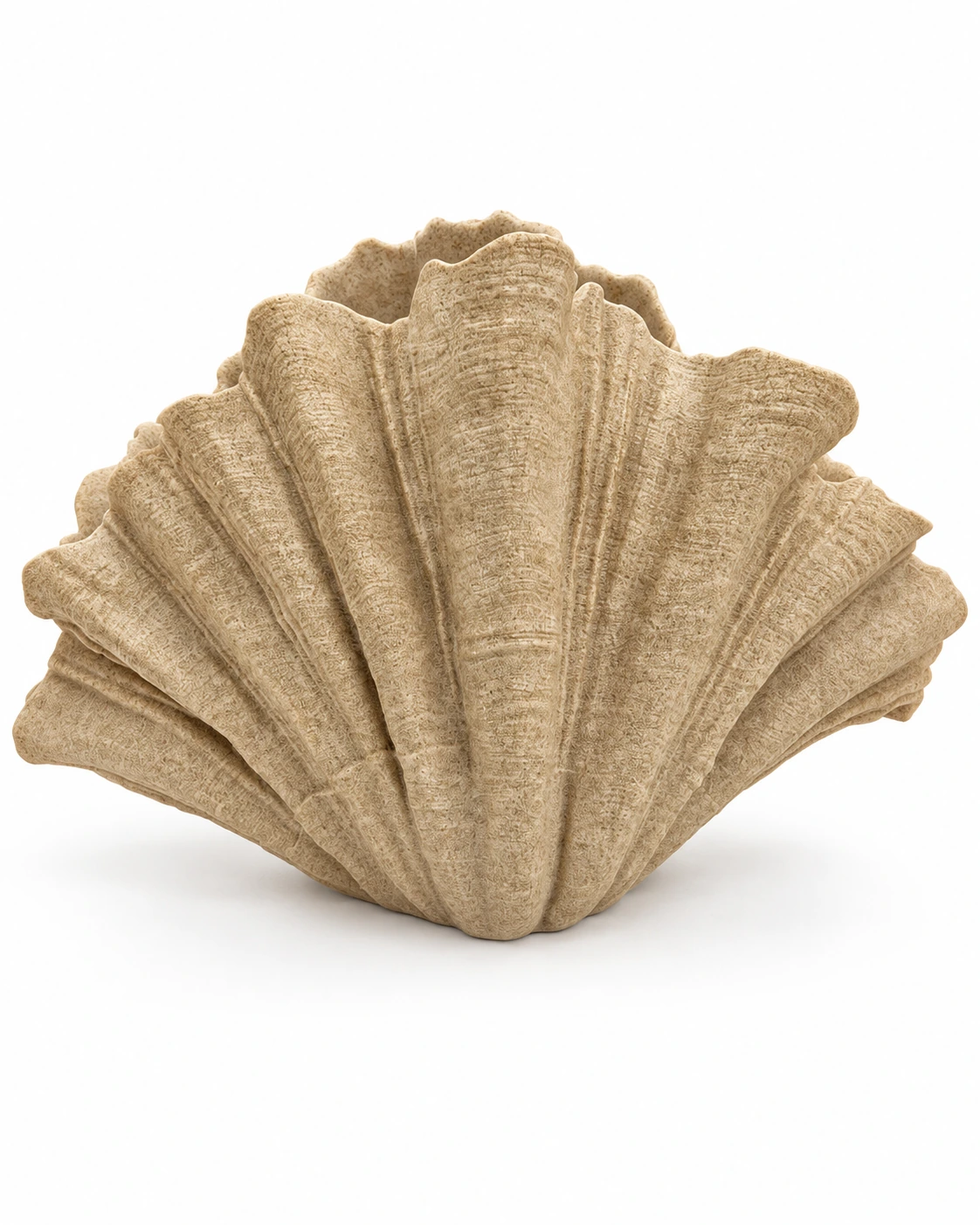 Sand-coloured polyresin vase with a fan-shaped silhouette