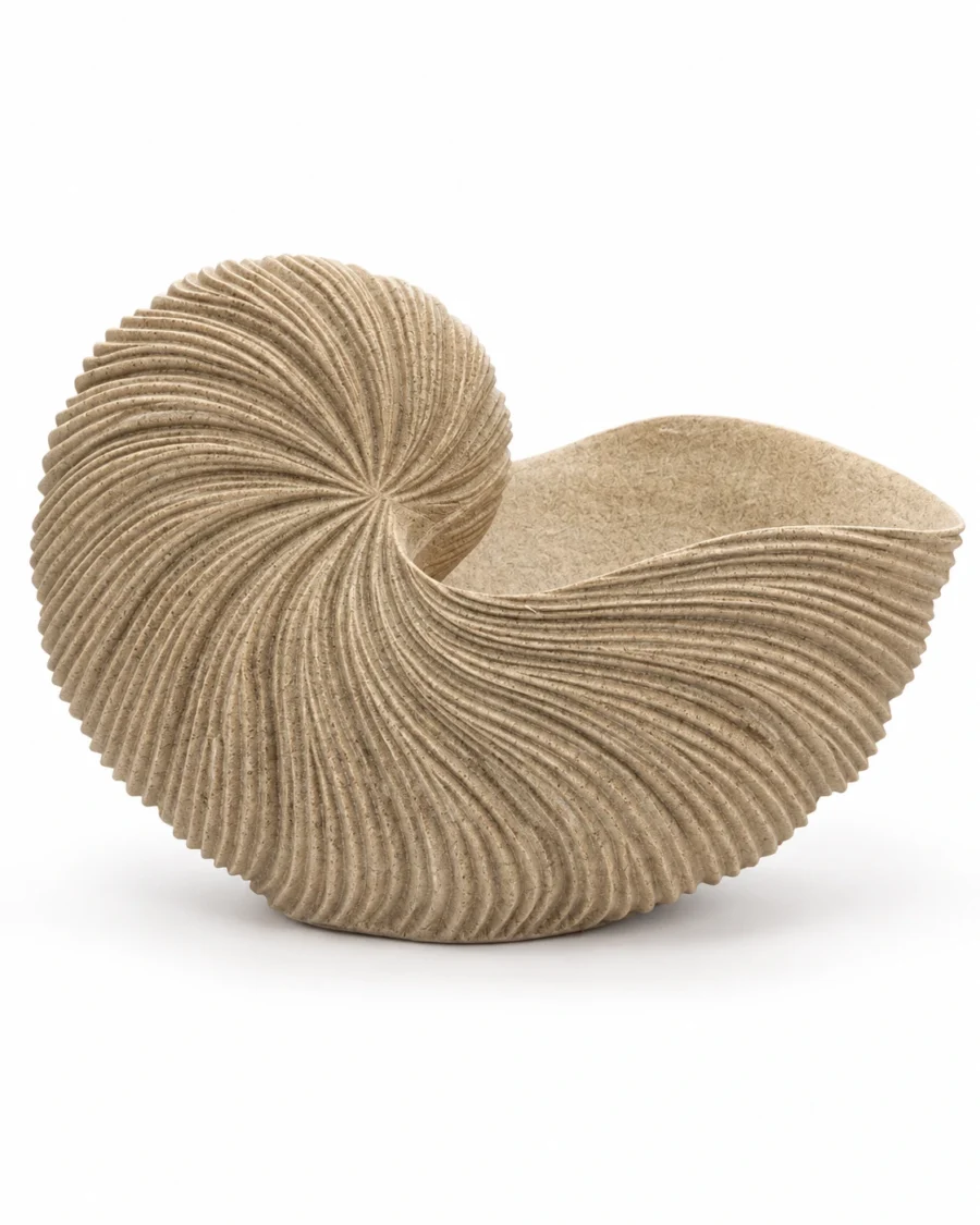 Sand-coloured polyresin vase with a nautilus shell shape