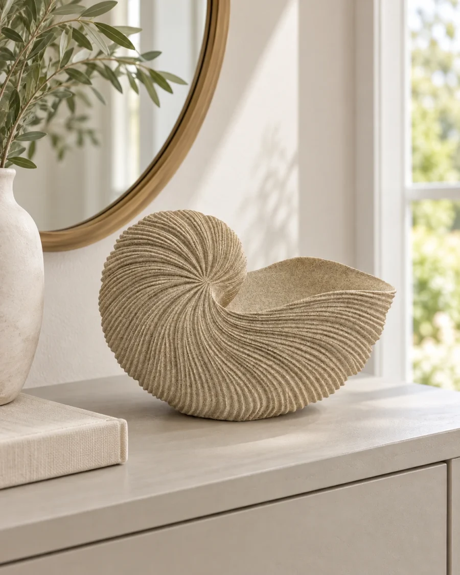 Sand-coloured polyresin vase with a nautilus shell shape in a bright interior