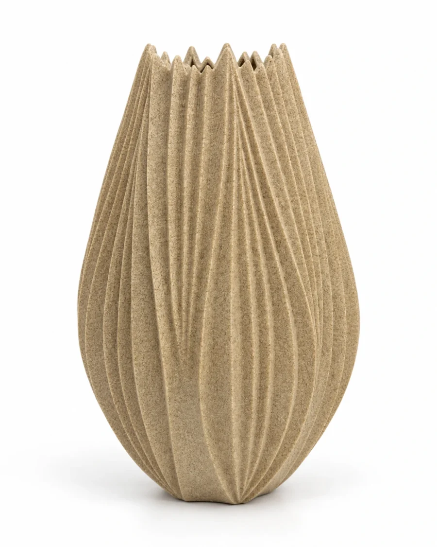 Sand-coloured polyresin vase with a ribbed surface