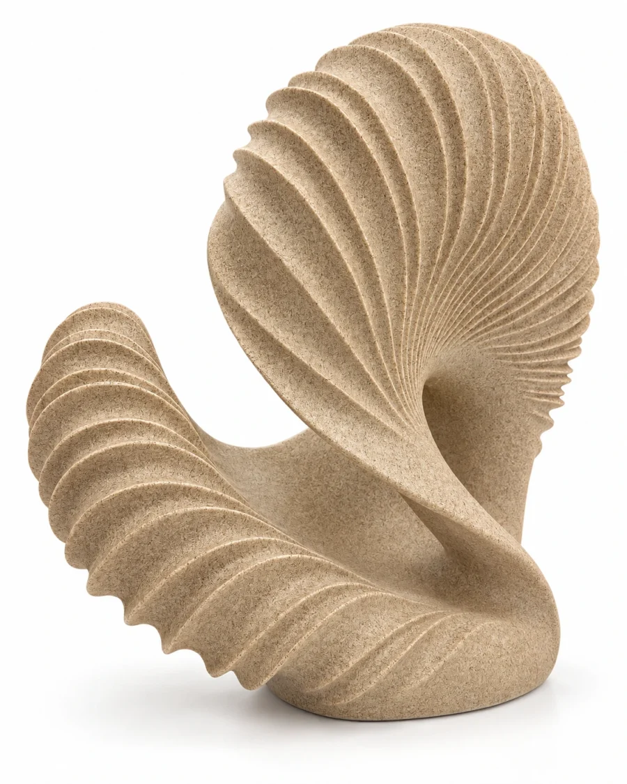Sand-coloured polyresin vase with a spiral shell shape