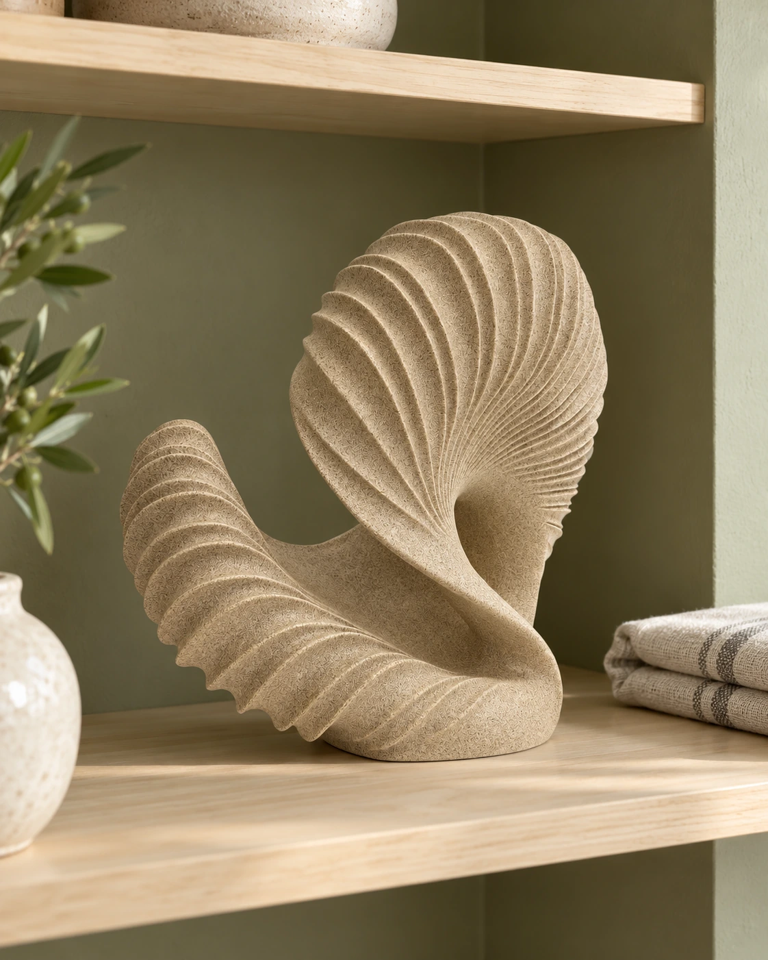 Sand-coloured polyresin vase with a spiral shell shape in a bright interior