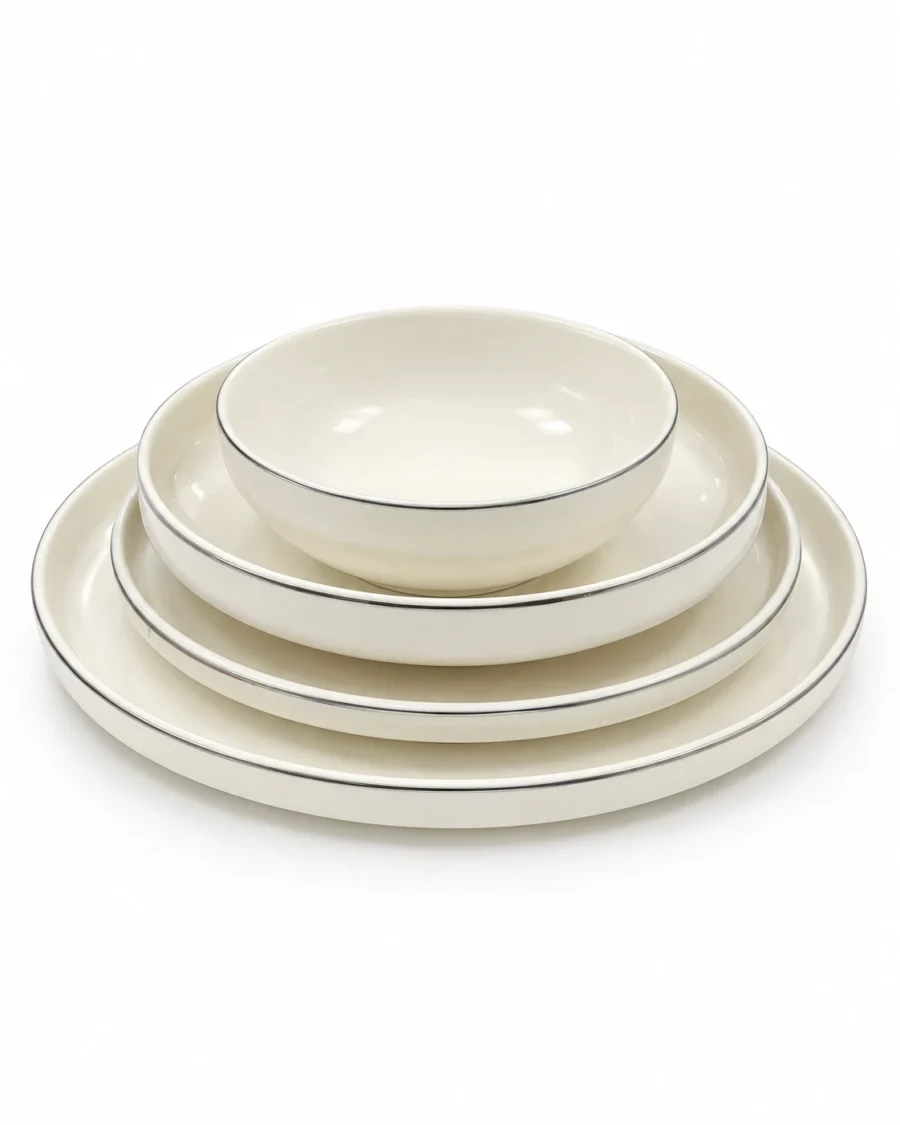 White porcelain dinnerware with silver-coloured rims