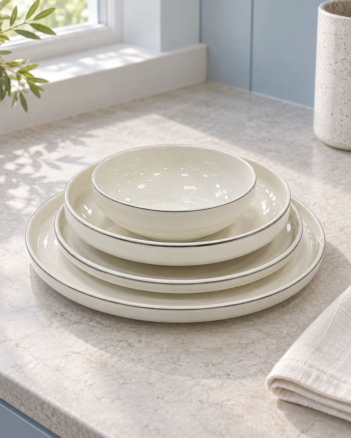 White porcelain dinnerware with silver-coloured rims in a bright interior