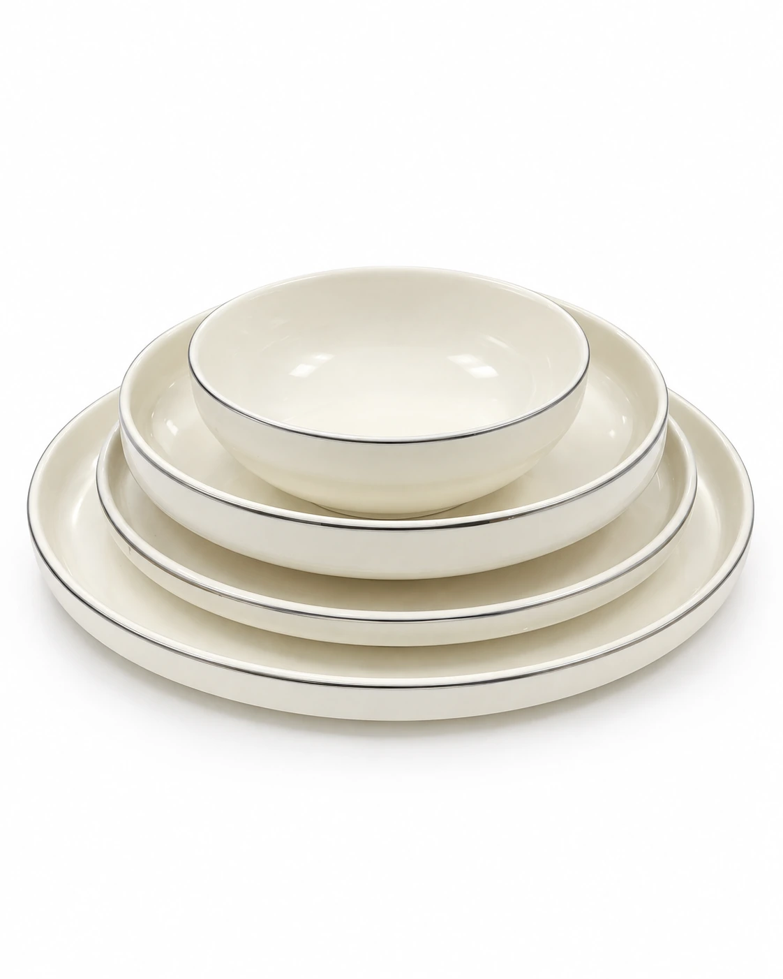 White porcelain dinnerware with silver-coloured rims