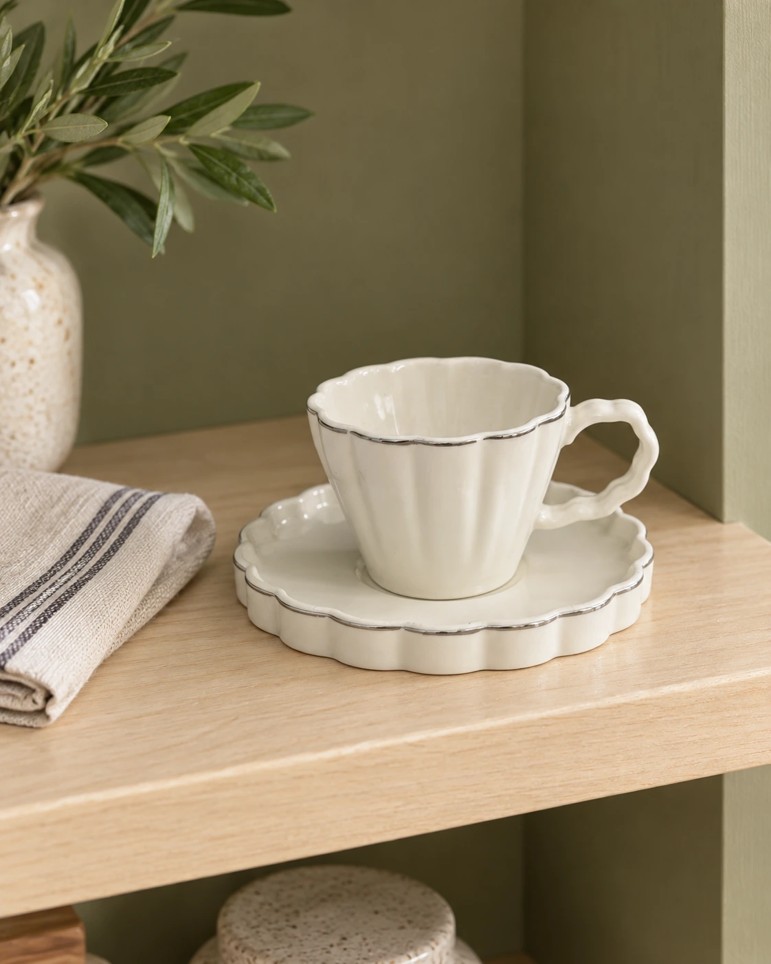 White porcelain cup and saucer with scalloped edges and silver-coloured trim in a bright interior