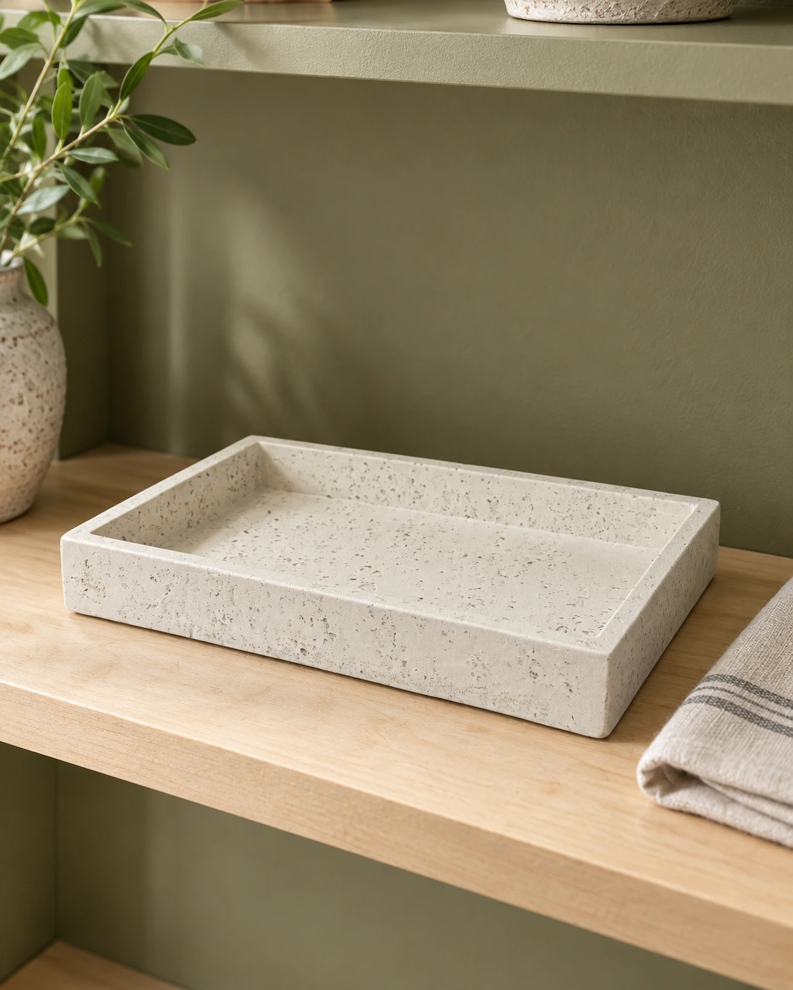 Stone tray with rounded corners in a bright interior