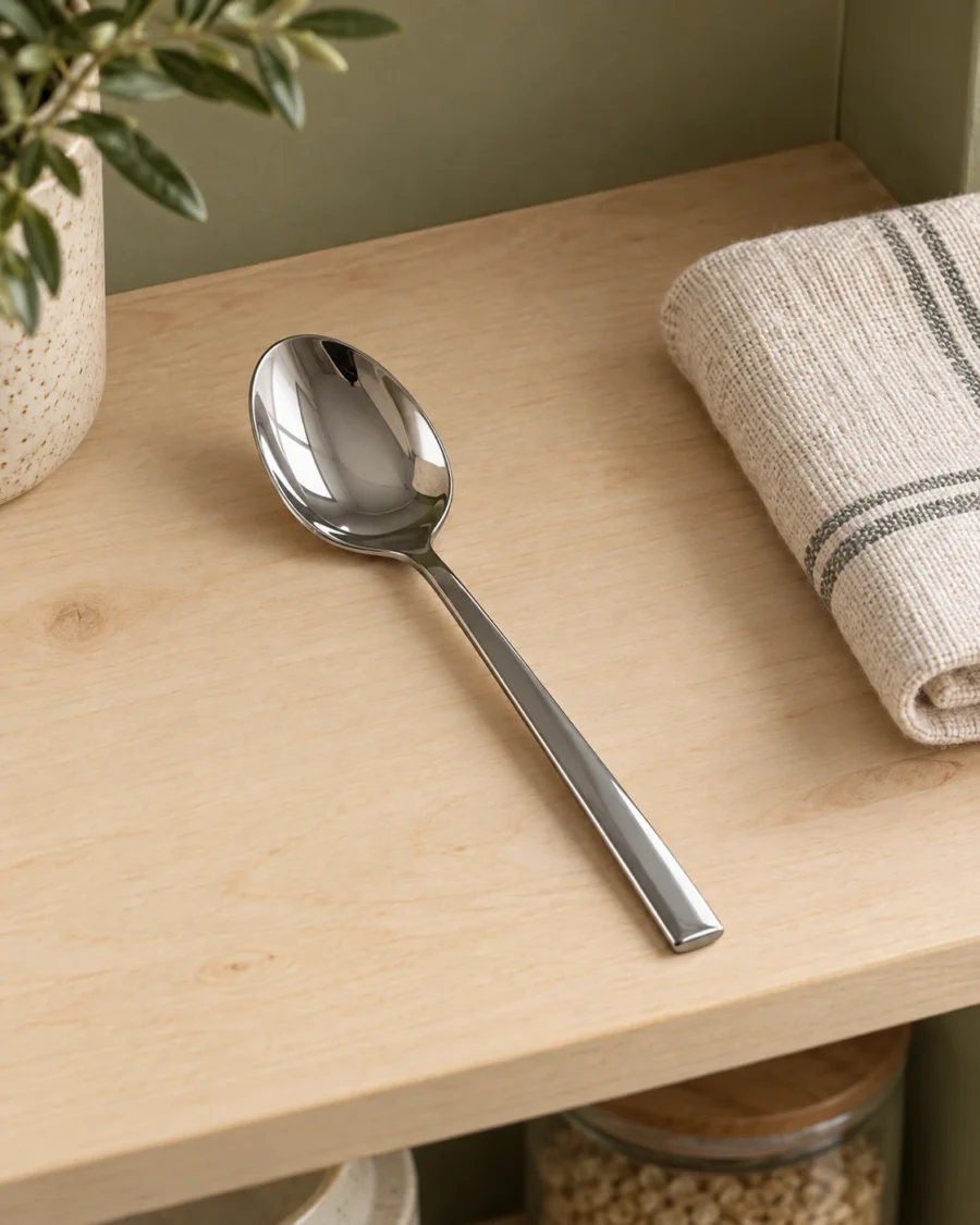 Stainless steel table spoons with oval bowls in a bright interior