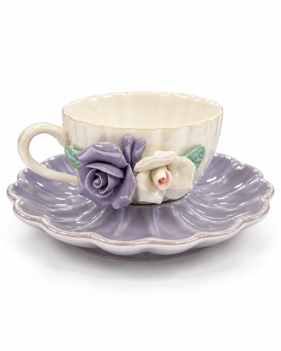 Porcelain cup and saucer with violet and ivory rose details and green leaves