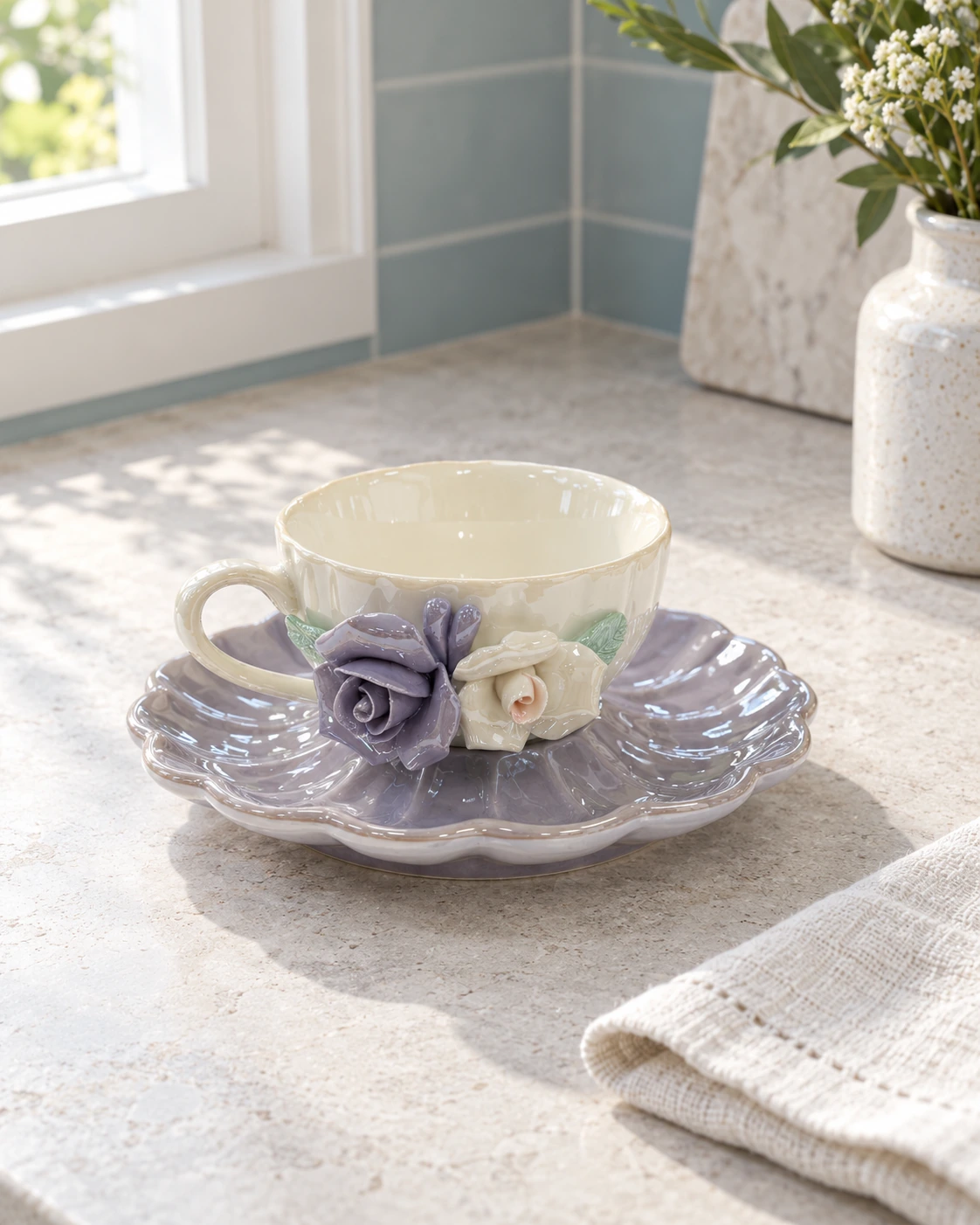Porcelain cup and saucer with violet and ivory rose details and green leaves in a bright interior