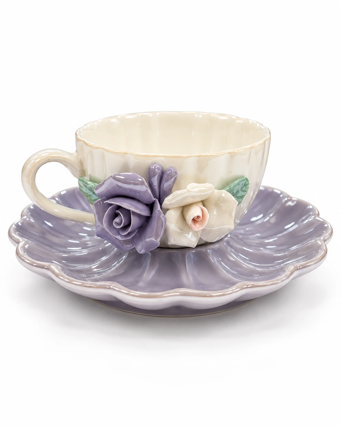 Porcelain cup and saucer with violet and ivory rose details and green leaves