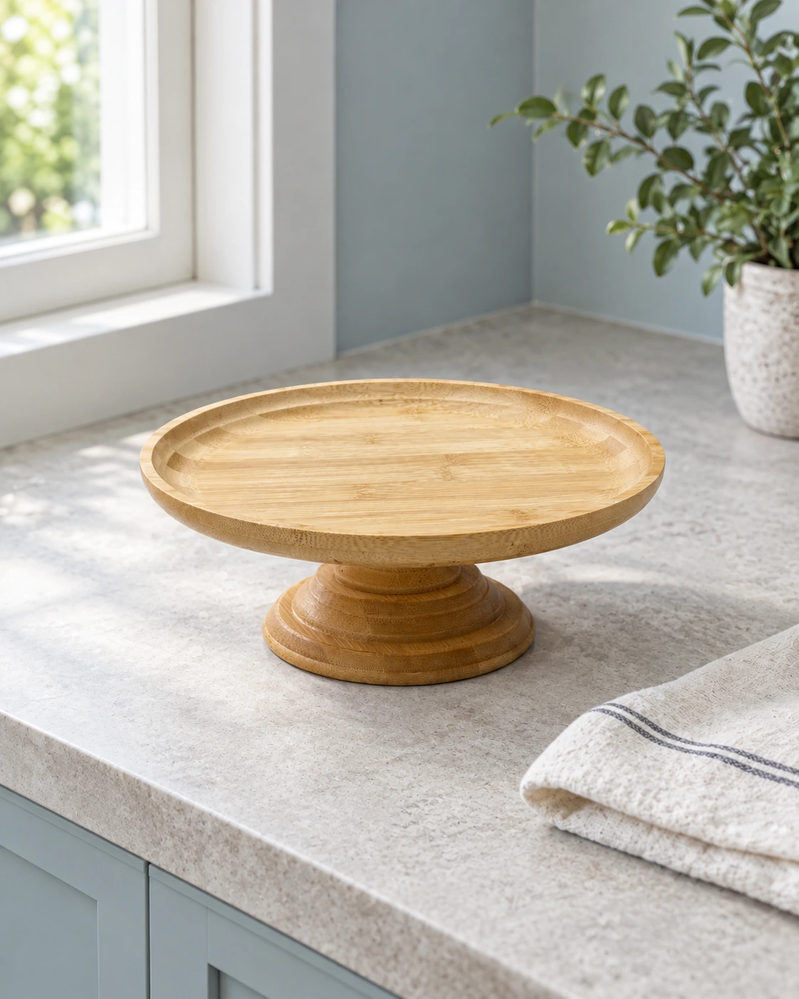 Round wood pedestal for serving cakes and desserts in a bright interior