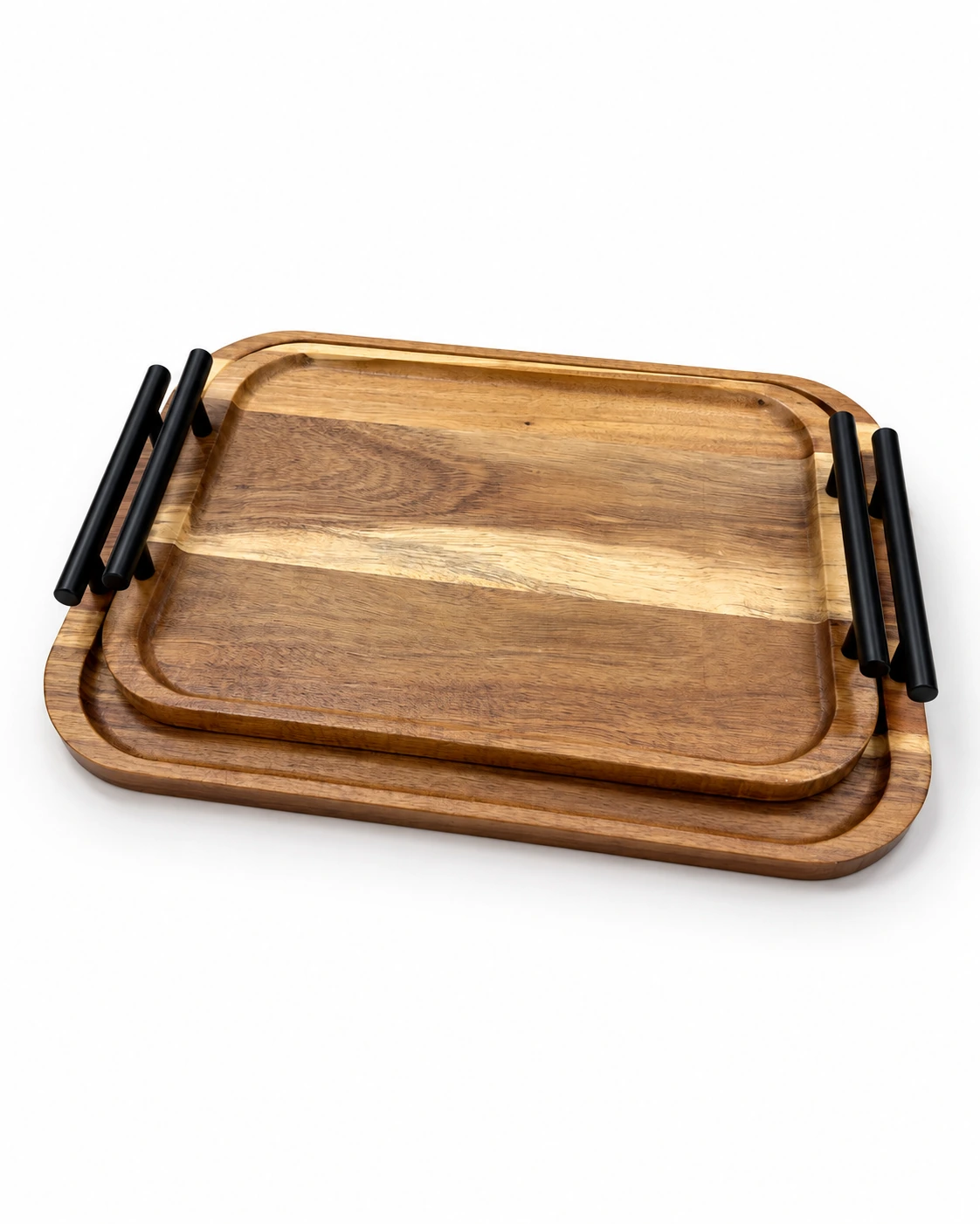 Two rectangular wood trays with black handles